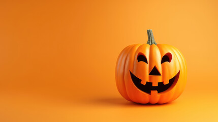Funny evil pumpkin smiling on orange background. Halloween joyful decorative banner.
