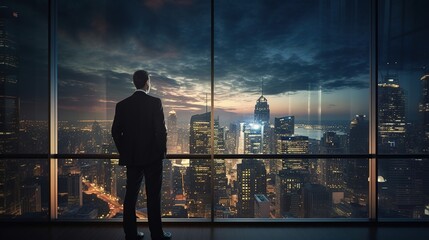 Businessman looking out of office over city with generative ai