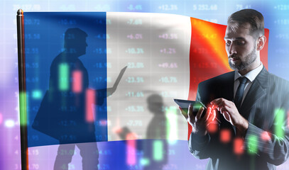 France flag. Man investor with tablet. French financial market. Business man trades on stock...