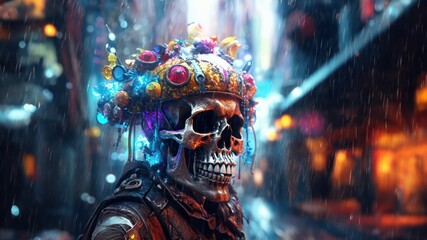 Portrait caricature of a random cyberpunk future city skeleton citizen on a rainy wet day, death is only the beginning in this new organic robotic utopia - generative AI