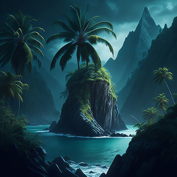 tropical island with palms HD 8K wallpaper Stock Photographic Image