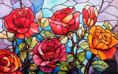 Abstract colorful floral background with roses. Stained glass window. Generative AI technology