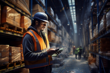 Worker uses smartphone in a big storehouse. AI generated