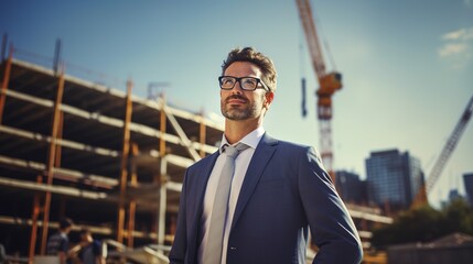 portrait of an architect or businessman standing at construction site