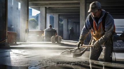 Construction worker finishing concrete at construction site with generative ai