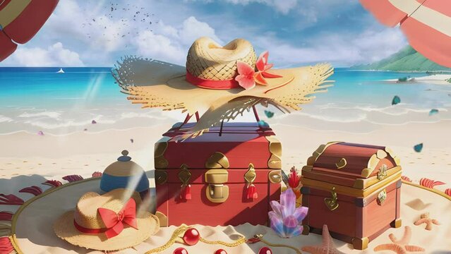 straw hat over a pirate treasure chest on tropical beach sand. Cartoon or anime illustration style. seamless looping time-lapse vertical video animation background.