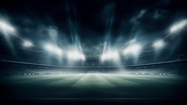 Stadium lights against dark night sky background. Soccer match lights. AI