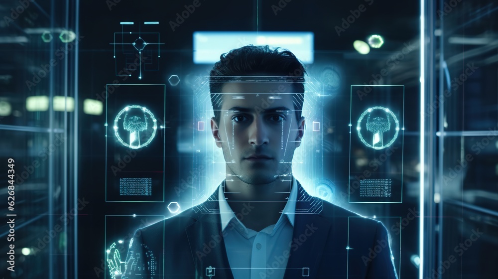 Poster facial recognition technology for industry worker to access machine control . future concept interfa