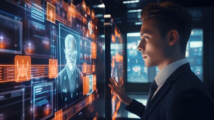Facial recognition technology for industry worker to access machine control . Future concept interface showing digital biometric security system that analyze human face to verify with generative ai
