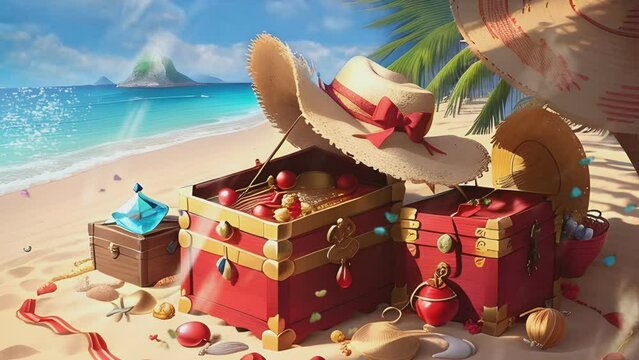 straw hat with a red ribbon over a red pirate treasure chest on a summer tropical beach. Cartoon or anime illustration style. seamless looping 4K time-lapse virtual video animation background.