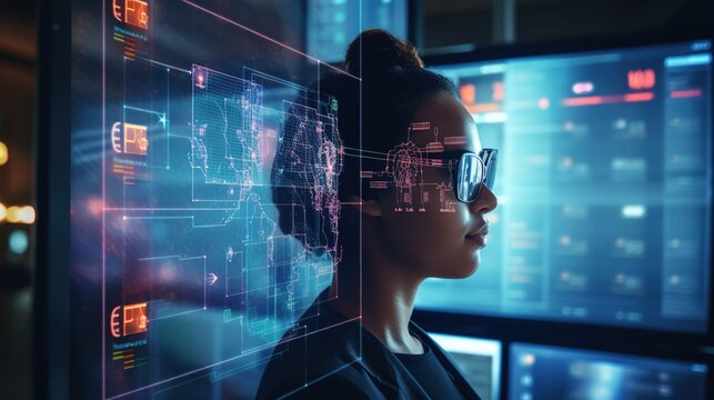 Facial recognition technology for industry worker to access machine control . Future concept interface showing digital biometric security system that analyze human face to verify with generative ai