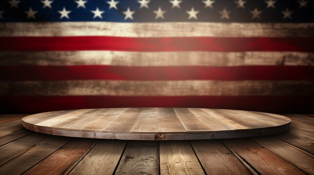 American flag, wood background