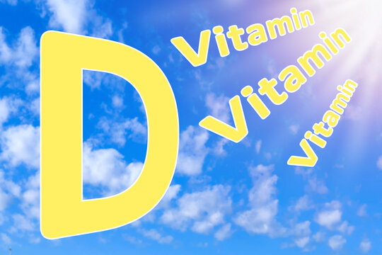Vitamin D. Sunny sky. Benefits of sun. Vitamin D logo in sky. Sun energy for immunity. Biologically active substance. Vitamin D is produced from exposure to ultraviolet rays. 3d image
