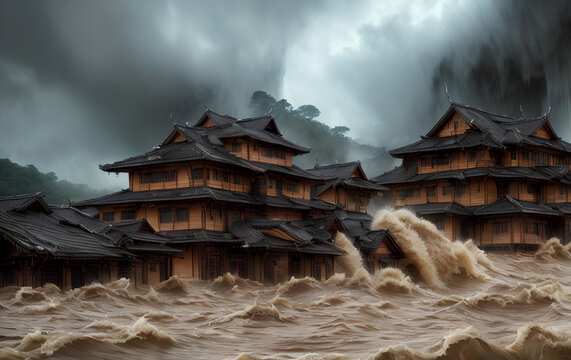 flooded Chinese houses under dark clouds. generative ai