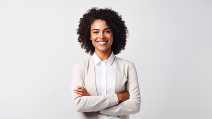 businesswoman standing with arms crossed on a white background and looking at the camera. - obrazy, fototapety, plakaty