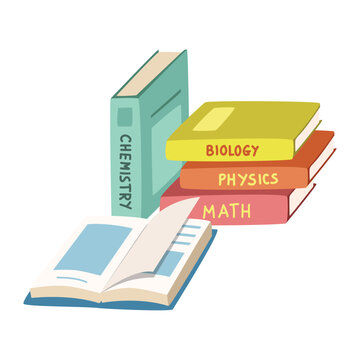School textbooks clipart. Simple stack of Math, Physics, Biology, Chemistry school books flat vector illustration clipart cartoon style. Students, classroom, school supplies, back to school concept