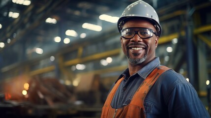 worker wearing a safety helmet and a vest stands with his arms crossed, looking at the camera. - obrazy, fototapety, plakaty