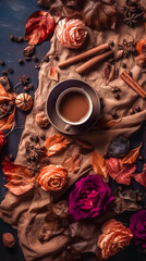 Autumn still life with a cup of coffee and flowers, generative AI.