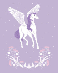 Fantastic horse with wings, magic flowers, cartoon flat vector illustration on lilac background.