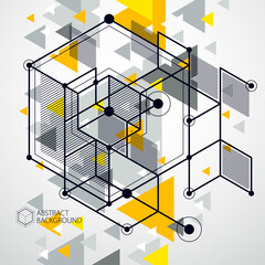 Vector of abstract geometric 3D cube pattern and yellow background. Layout of cubes, hexagons, squares, rectangles and different abstract elements.
