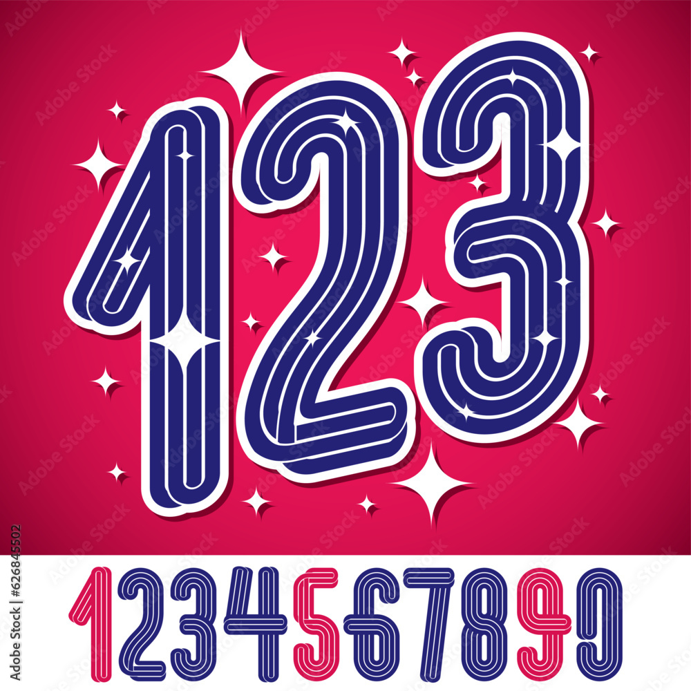 Poster set of vector funky regular numbers from 0 to 9 made with triple stripes, best for use in logotype d