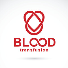 Blood transfusion inscription isolated on white and made using vector red blood drops, heart shape and limitless symbol. Take a concern about human life and health, blood donation logo.