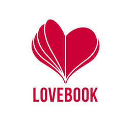 Heart open like a book or brochure with spread pages vector logo or icon, love letter or literature novel about romantic story concept, diary.