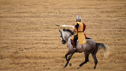   a knight on a horse, with a white flag in his hands, gallops through a wheat field 