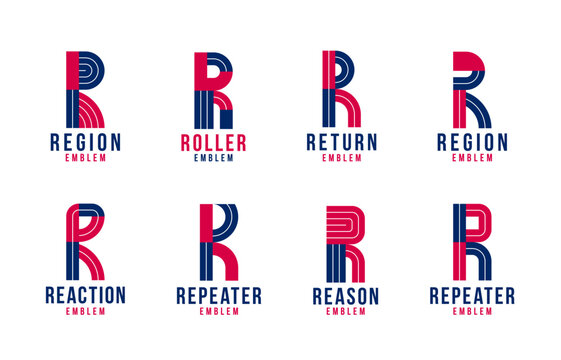 Letter r logo elements set, vector trendy retro initial, geometric monogram design symbol R.