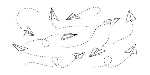 Vector paper airplane. Outline flying planes with dotted track direction. Travel or message symbol. Black linear paper plane icon - obrazy, fototapety, plakaty