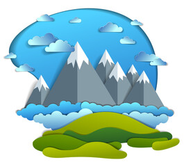 Scenic landscape of mountain peaks range, cloudy sky, summer vector illustration in paper cut kids style. Summer holidays, travel and tourism.