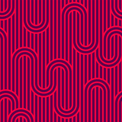 Linear seamless background with twisted lines, vector abstract geometric pattern, stripy weaving, optical maze, web network. Red color design.