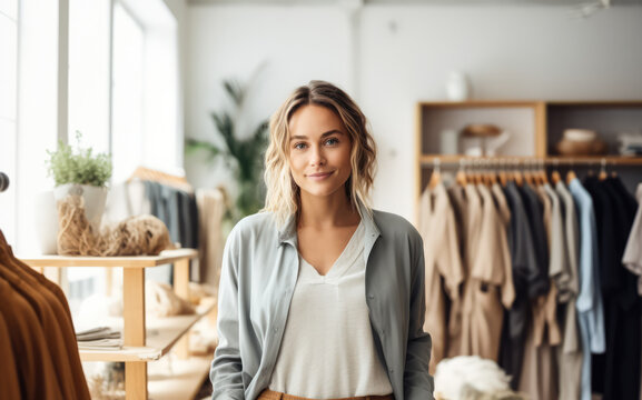 Portrait of a young business woman standing proudly on her recently opened clothing store. Generative AI.