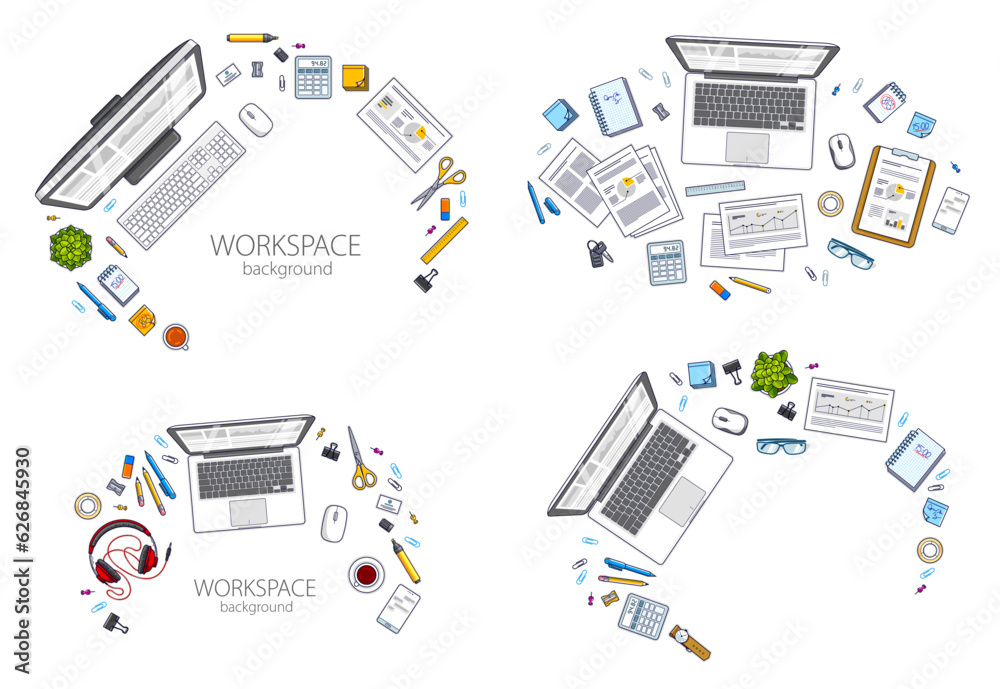 Poster work desks workspaces top view with pc or laptops and a lot of different stationery objects and anal