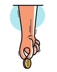 Charity concept, hand giving coin vector icon or illustration isolated on white.