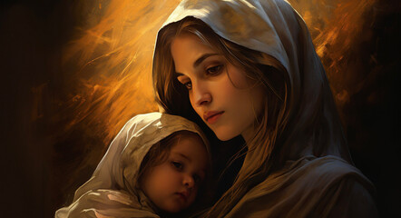 Portrait of Virgin Mary with baby Jesus in the style of in fantasy style illustration