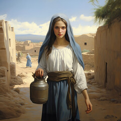 Virgin Mary as young Palestinian girl carrying water
