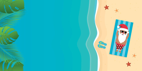 Naklejka premium cute santa claus lying on the beach under a palm tree vector illustration EPS10