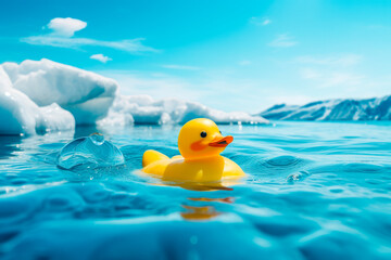 Yellow rubber duck toy floating in the cold clean water