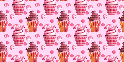 Cute cupcakes. Seamless pattern for Valentine's Day. Vector. Can be used to create charming and festive designs for greeting cards, gift wrapping, fabric prints.