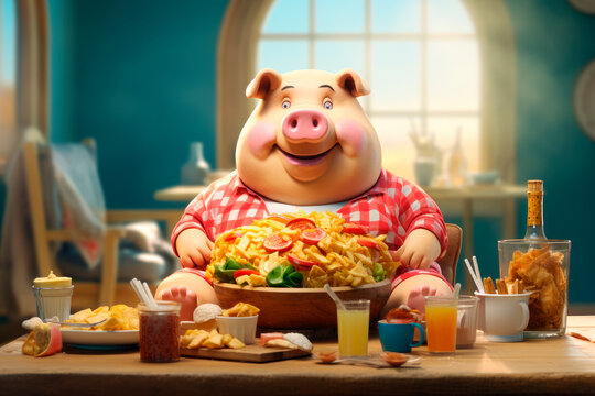 An obese pig eating junk food, obesity problems