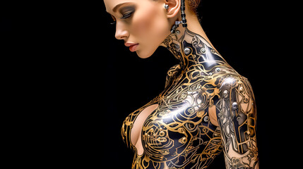 creatively tattooed robot in the studio, made with Generative AI