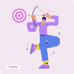 Set of conceptual vector business illustrations of a successful businessman who holds a bow in his hands and aims at a target.