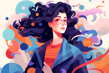 A cute and fashionable girl gazes into the camera. Vibrant shapes and colors rotate around her.