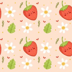 strawberry, flower, leaves and love seamless pattern. Hand drawn design. Suitable for home decor, home living, wall art, digital print, cover book.