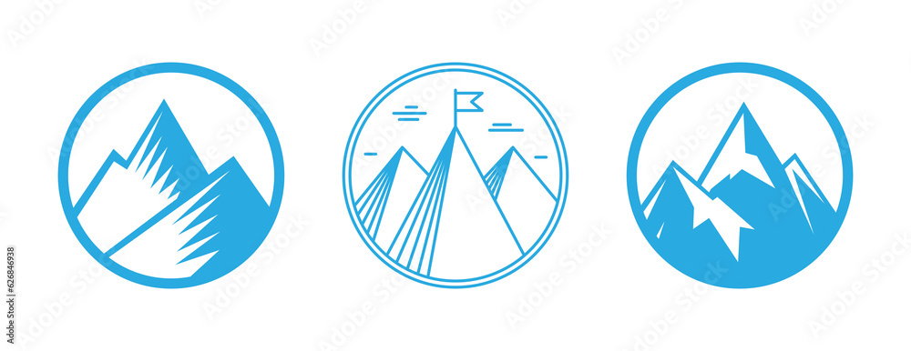 Poster png set with abstract logos and icons - mountains and summits in blue color
