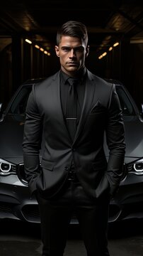 Athletic successful guy in classic black suit on the background of black car AI