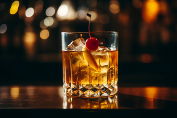 Closeup of a whiskey sour on a mahogany bar counter, served in a rocks glass with a cherry garnish, slight film grain, deep and warm tones, soft lighting from the side - obrazy, fototapety, plakaty