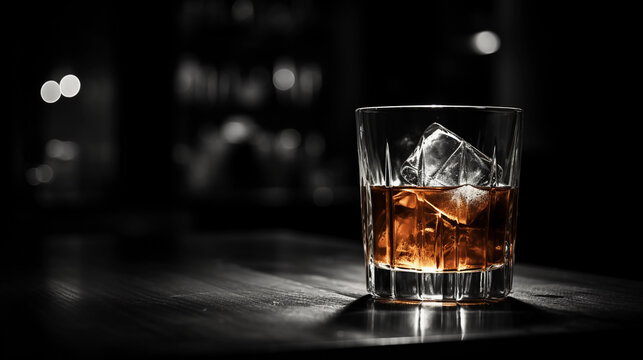 Cinematically lit old - fashioned cocktail, garnished with orange peel on a dark wooden bar, with a bokeh background of dimly lit bottles
