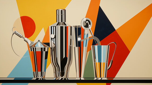 Abstract geometric portrayal of mixology tools: shaker, strainer, muddler, and jigger, rendered in chrome against a sleek, minimalist backdrop, influenced by Cubist art